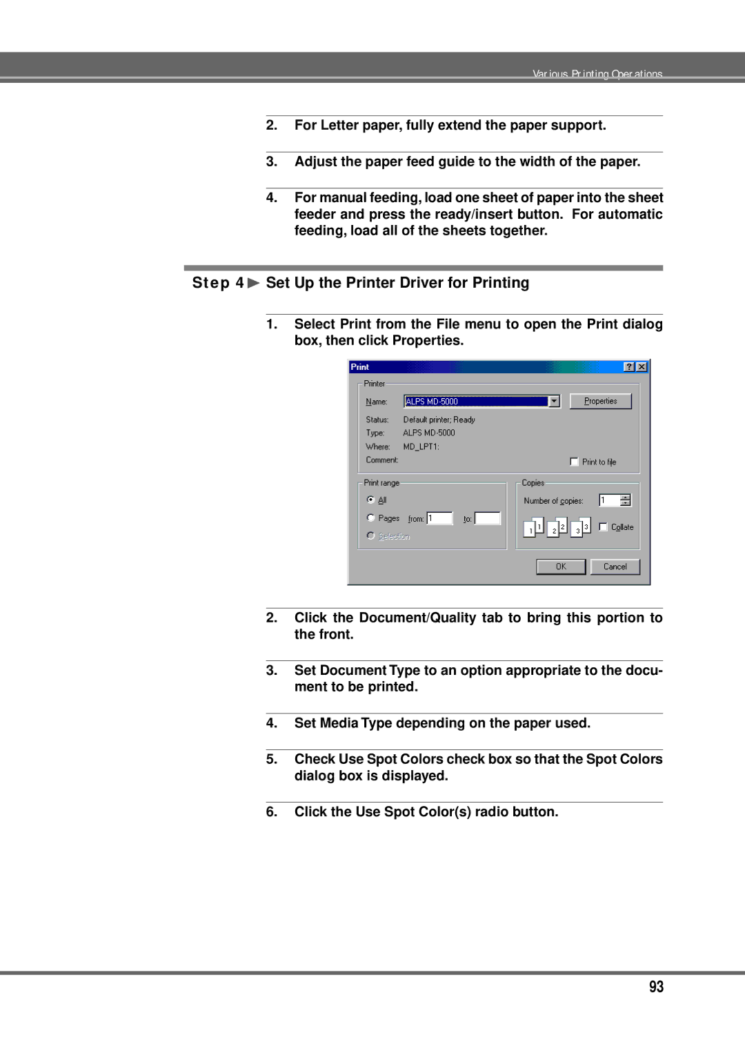 Alps Electric MD-5000P manual ¨ Set Up the Printer Driver for Printing 