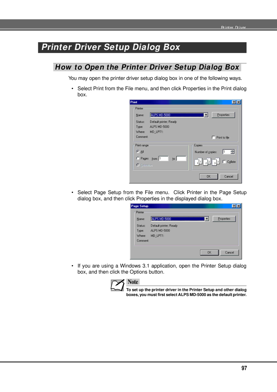 Alps Electric MD-5000P manual How to Open the Printer Driver Setup Dialog Box 