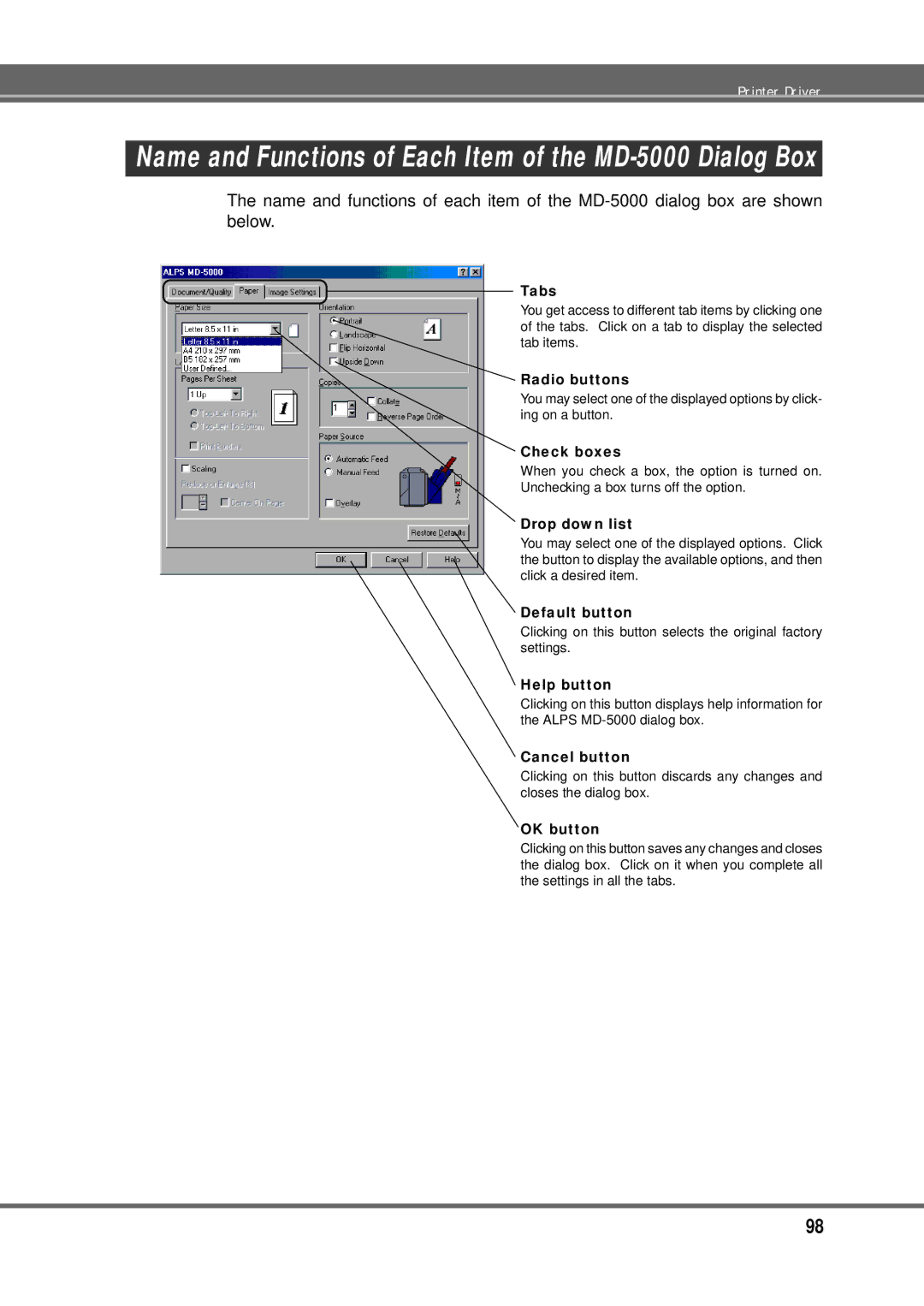 Alps Electric MD-5000P manual Tabs, Radio buttons, Check boxes, Drop down list, Default button, Help button, Cancel button 