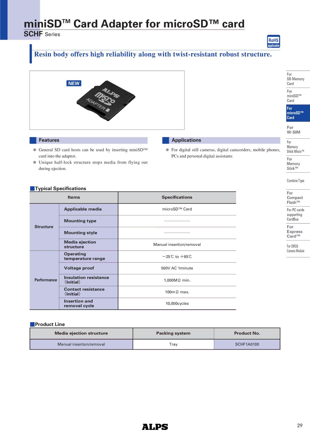 Alps Electric SCHF Series specifications MiniSDTM Card Adapter for microSD card, Features Applications, Product Line 