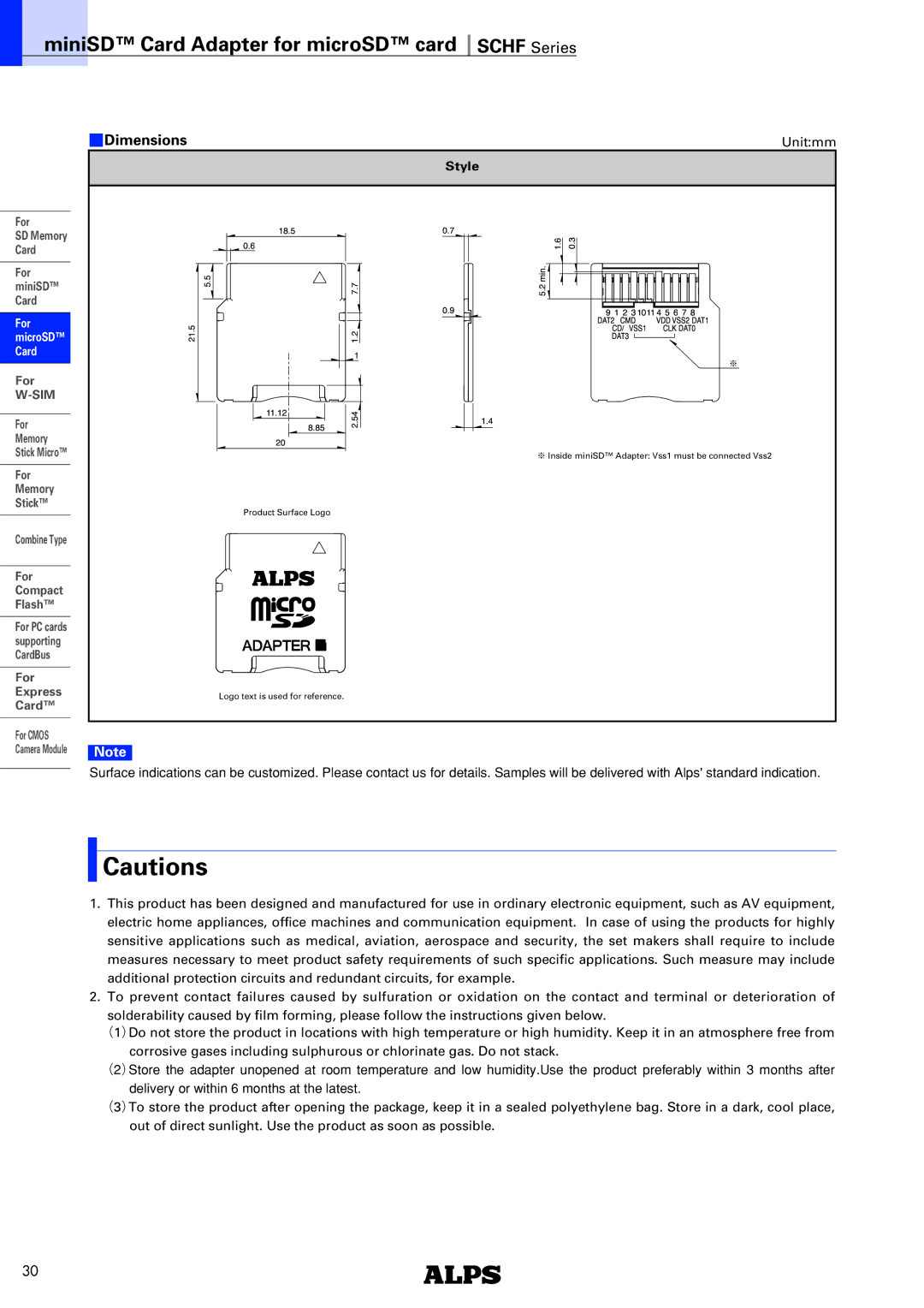 Alps Electric SCHF Series specifications MiniSD Card Adapter for microSD card, Schf Series, Dimensions, Style 