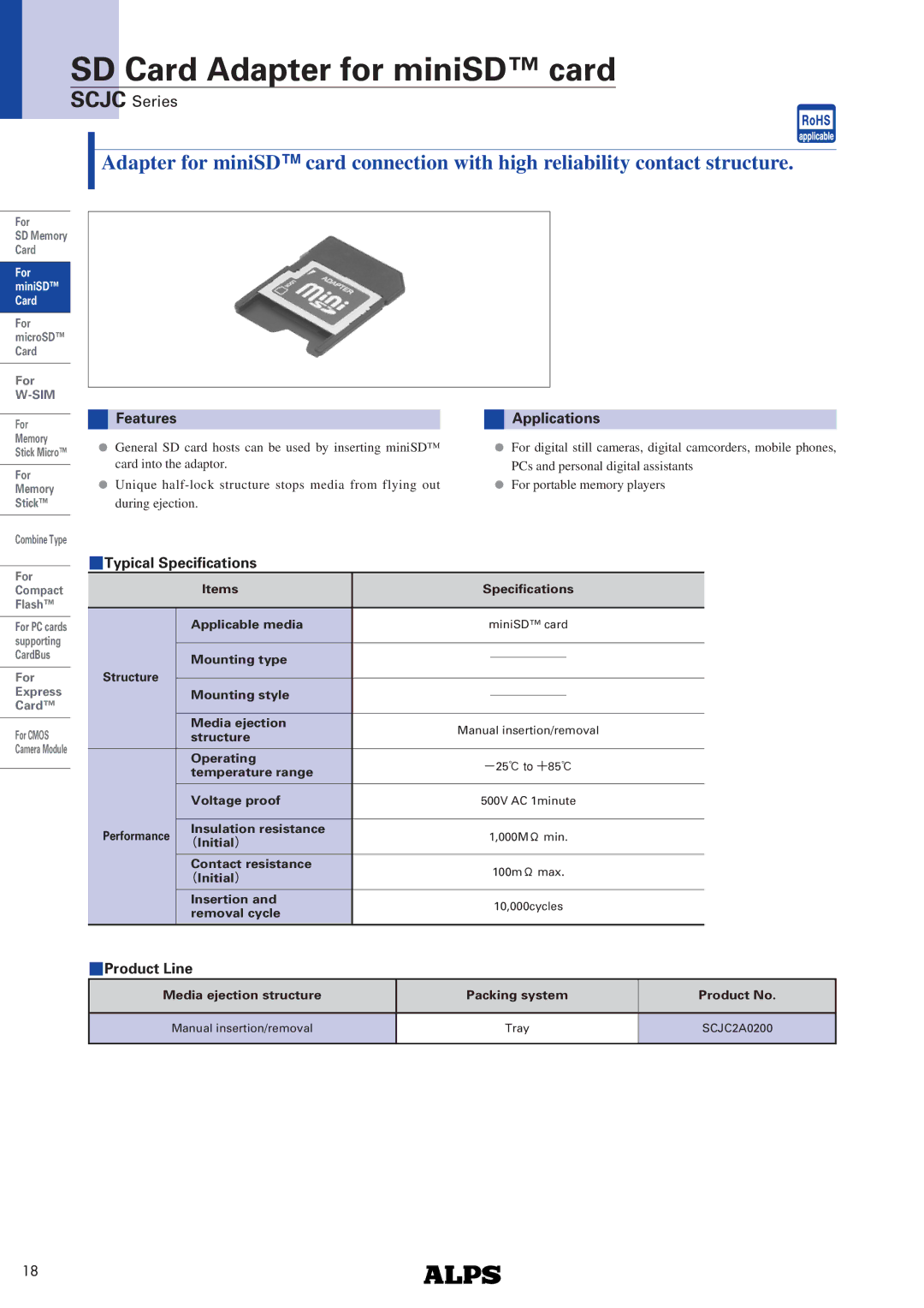 Alps Electric SCJC Series specifications SD Card Adapter for miniSD card, Features, Applications, Typical Specifications 