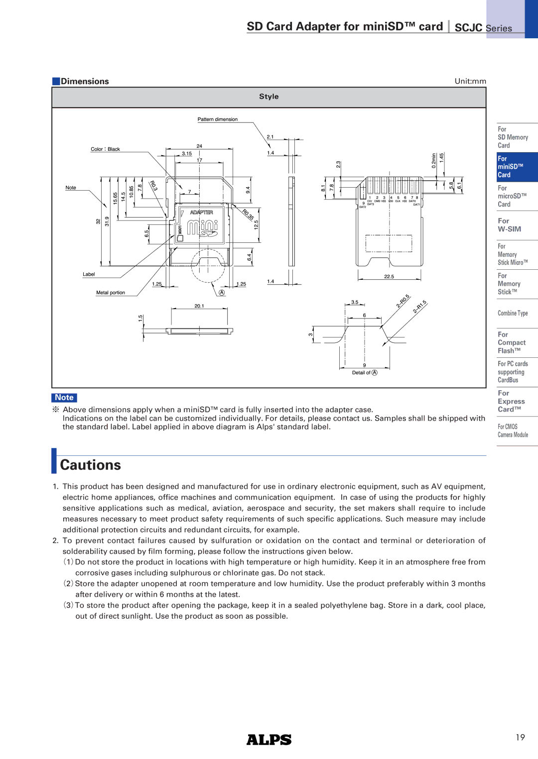 Alps Electric SCJC Series specifications SD Card Adapter for miniSD card, Scjc Series, Dimensions, #：$% 