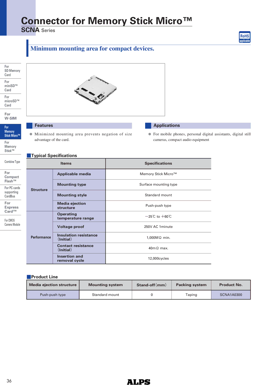 Alps Electric SCNA Series specifications Features Applications, Typical Specifications, Product Line, For Memory 