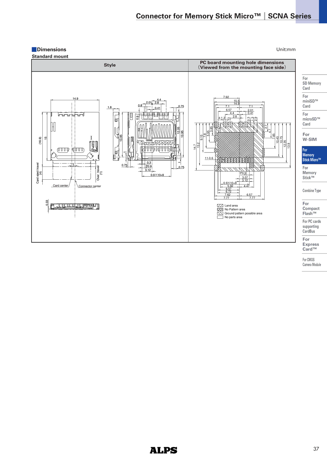 Alps Electric SCNA Series specifications Connector for Memory Stick Micro Scna Series 