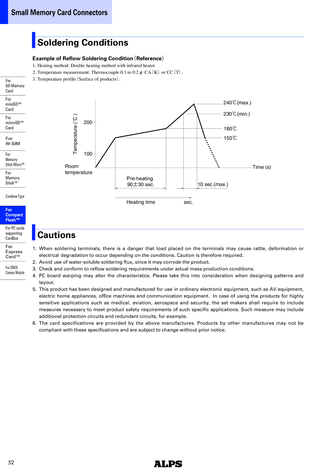 Alps Electric SCNA Series specifications Soldering Conditions, For Compact Flash 