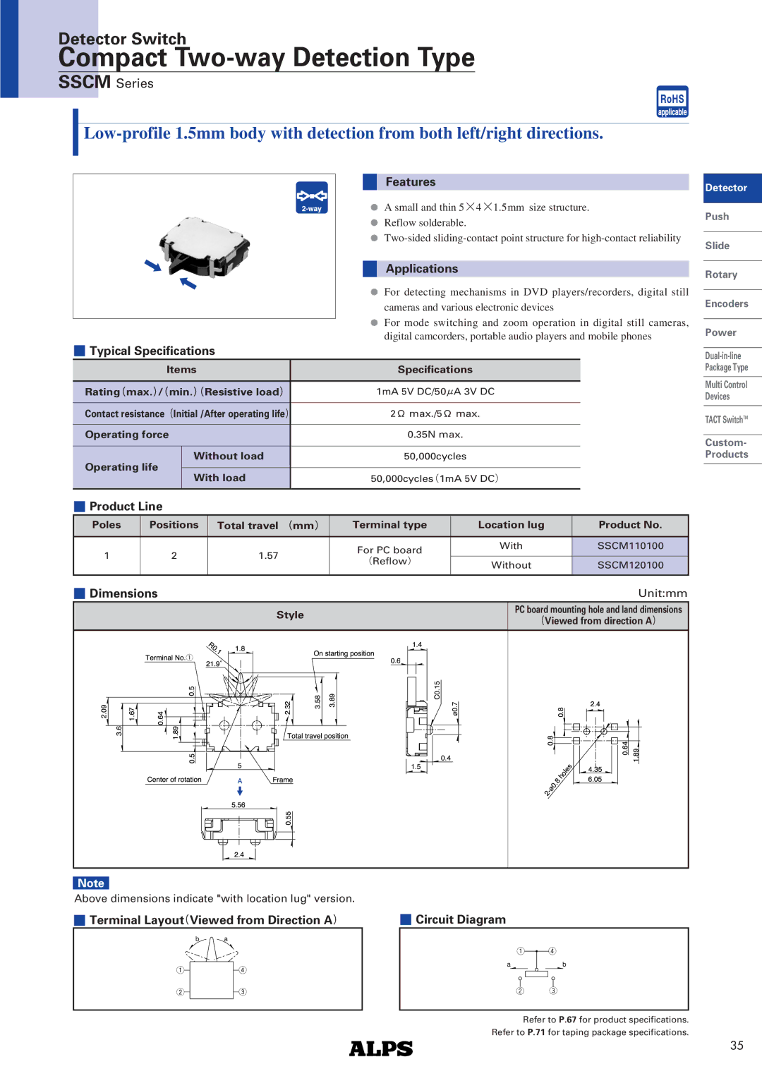 Alps Electric SSCM Series dimensions Features, Applications, Typical Specifications, Product Line, Dimensions 