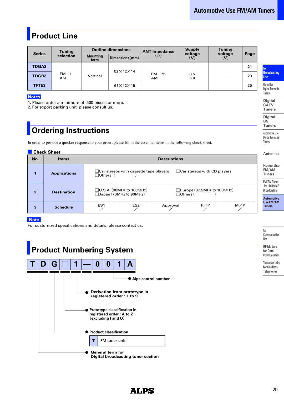 Alps Electric TDGB2 Series specifications Product Line, Ordering Instructions, Product Numbering System G H 1 0 0 1 a 