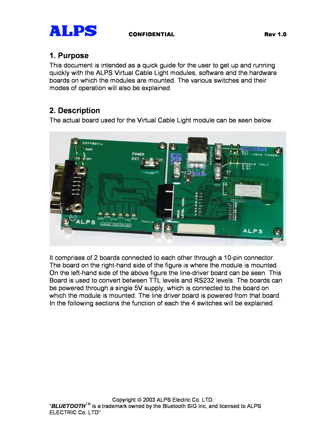Alps Electric Virtual Cable Light Module manual Purpose, Description 