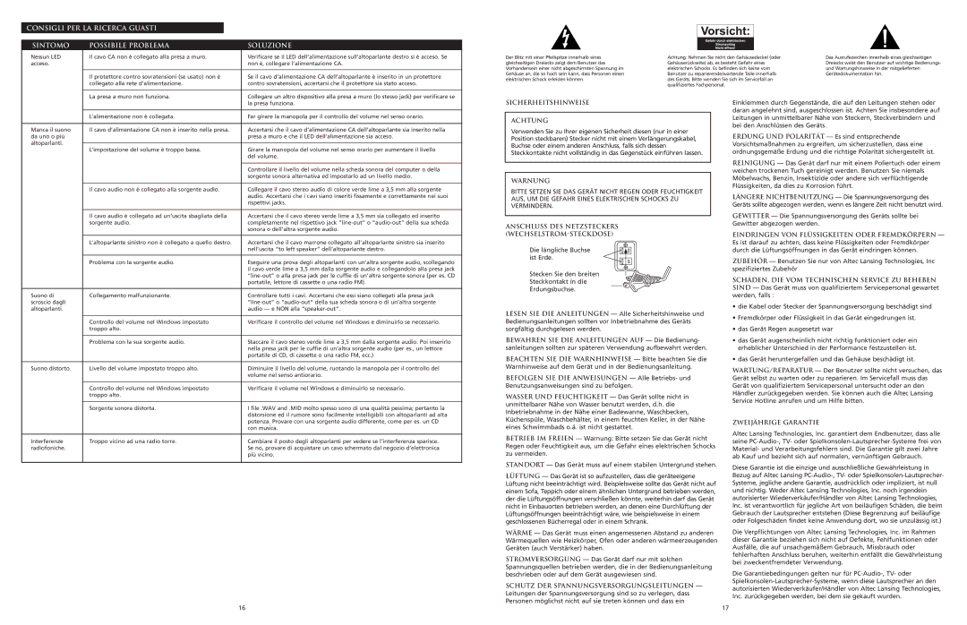 Altec Lansing 120 manual Sicherheitshinweise Achtung, Warnung, Anschluss DES Netzsteckers WECHSELSTROM-STECKDOSE 