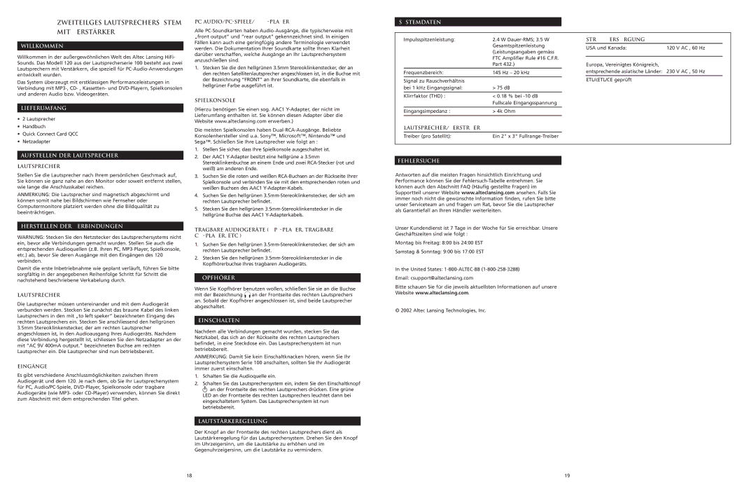 Altec Lansing 120 manual Willkommen, Lieferumfang, Aufstellen DER Lautsprecher, Herstellen DER Verbindungen, Kopfhörer 