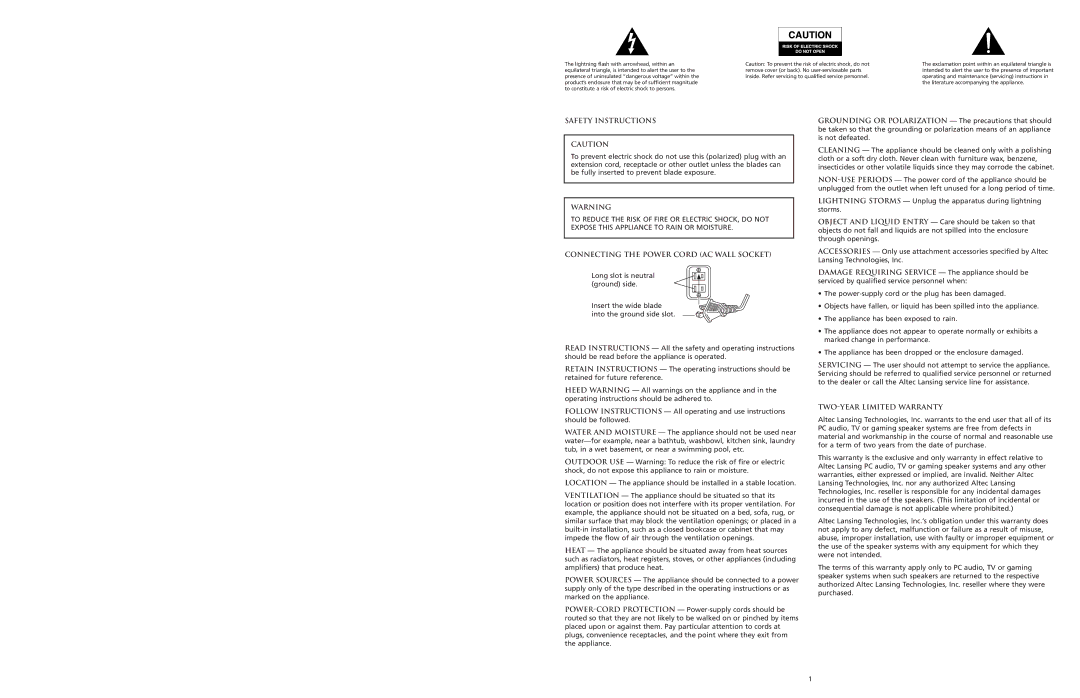 Altec Lansing 120 manual Safety Instructions, Connecting the Power Cord AC Wall Socket, TWO-YEAR Limited Warranty 