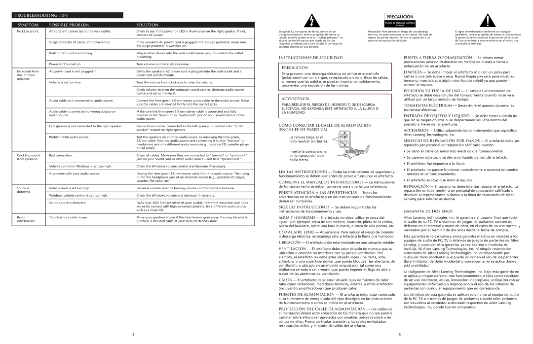 Altec Lansing 120 manual Troubleshooting Tips Symptom Possible Problem Solution, Instrucciones DE Seguridad Precaución 