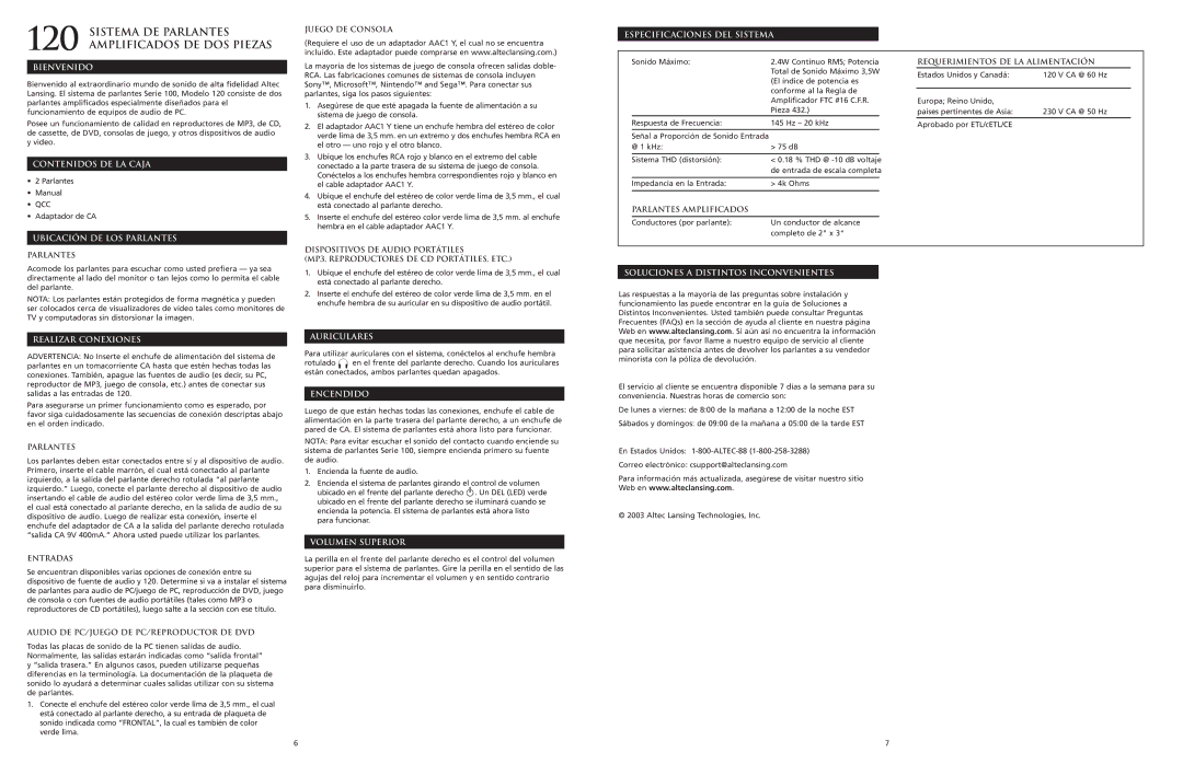 Altec Lansing 120 manual Sistema DE Parlantes Amplificados DE DOS Piezas 