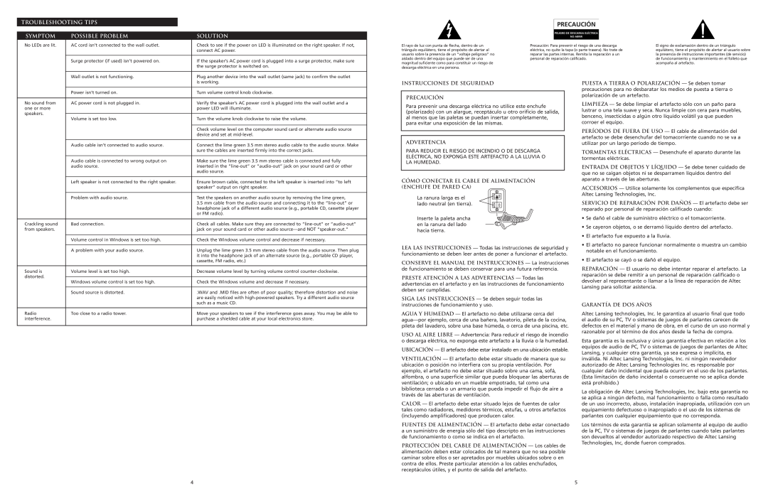 Altec Lansing 120 manual Symptom, Possible Problem, Solution, Instrucciones De Seguridad Precaución, Advertencia 