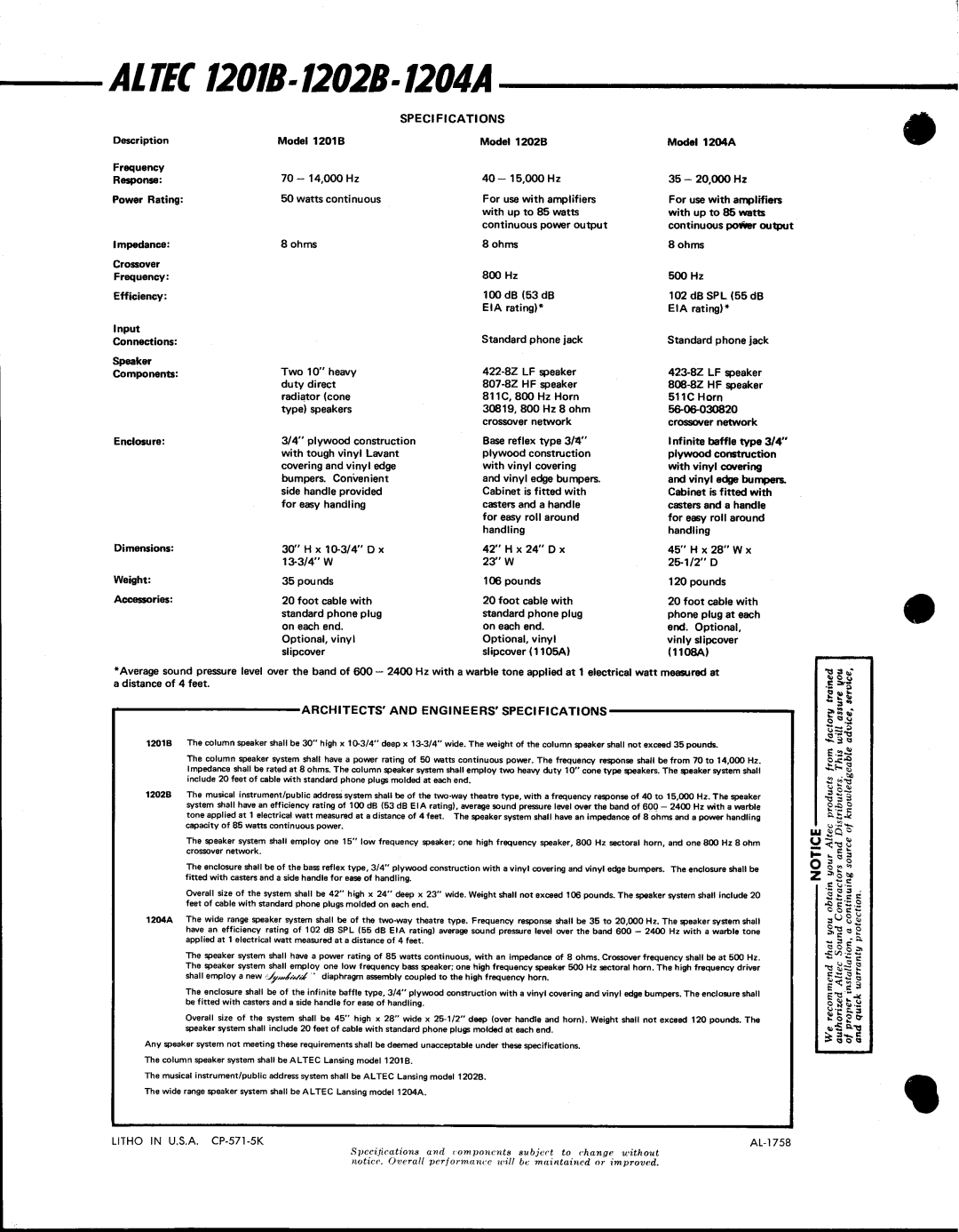 Altec Lansing 1202B, 1201B, 1204A manual 
