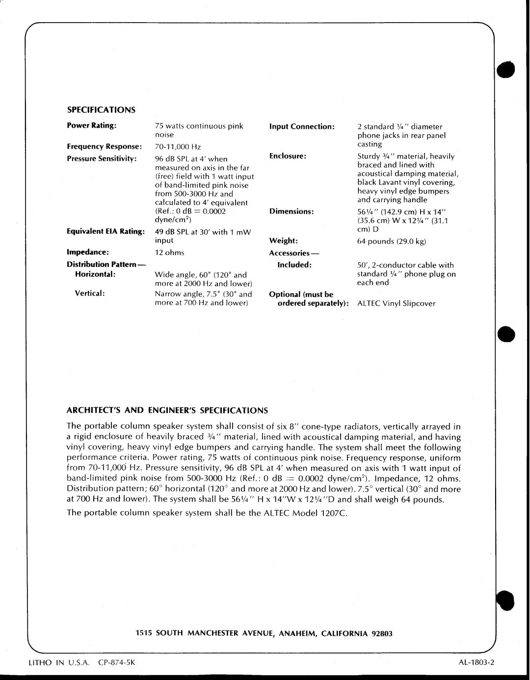 Altec Lansing 1207C manual 