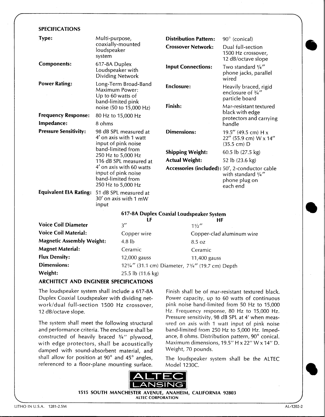 Altec Lansing 1230C manual 