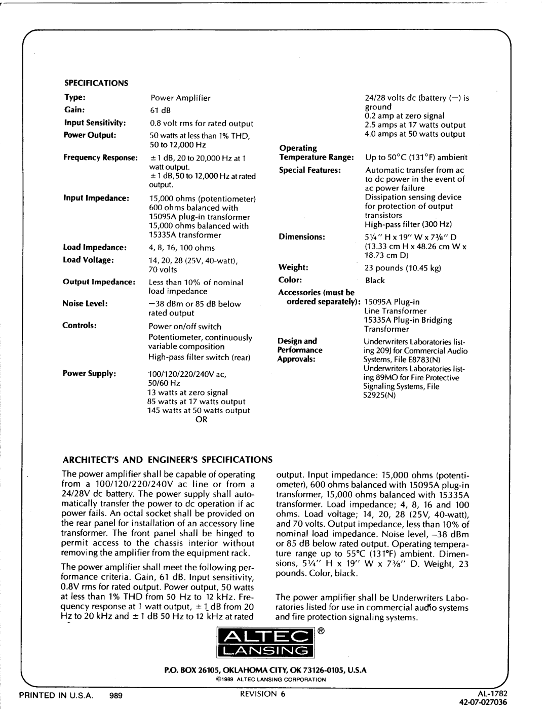 Altec Lansing 1593C manual 