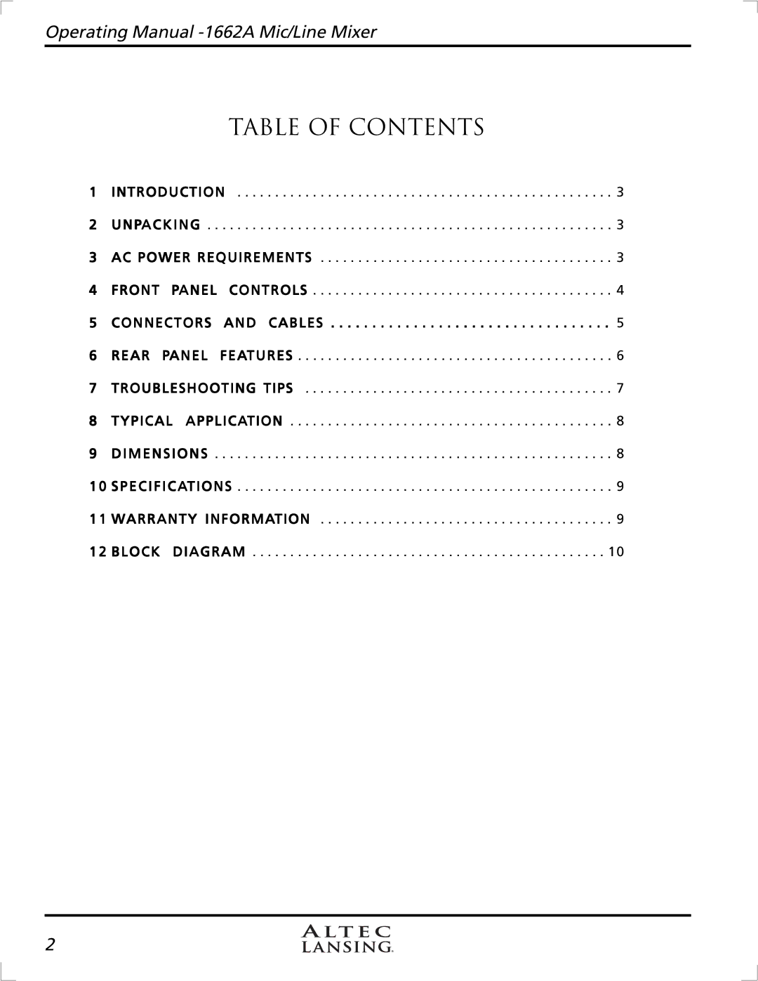 Altec Lansing 1662A manual Table of Contents 