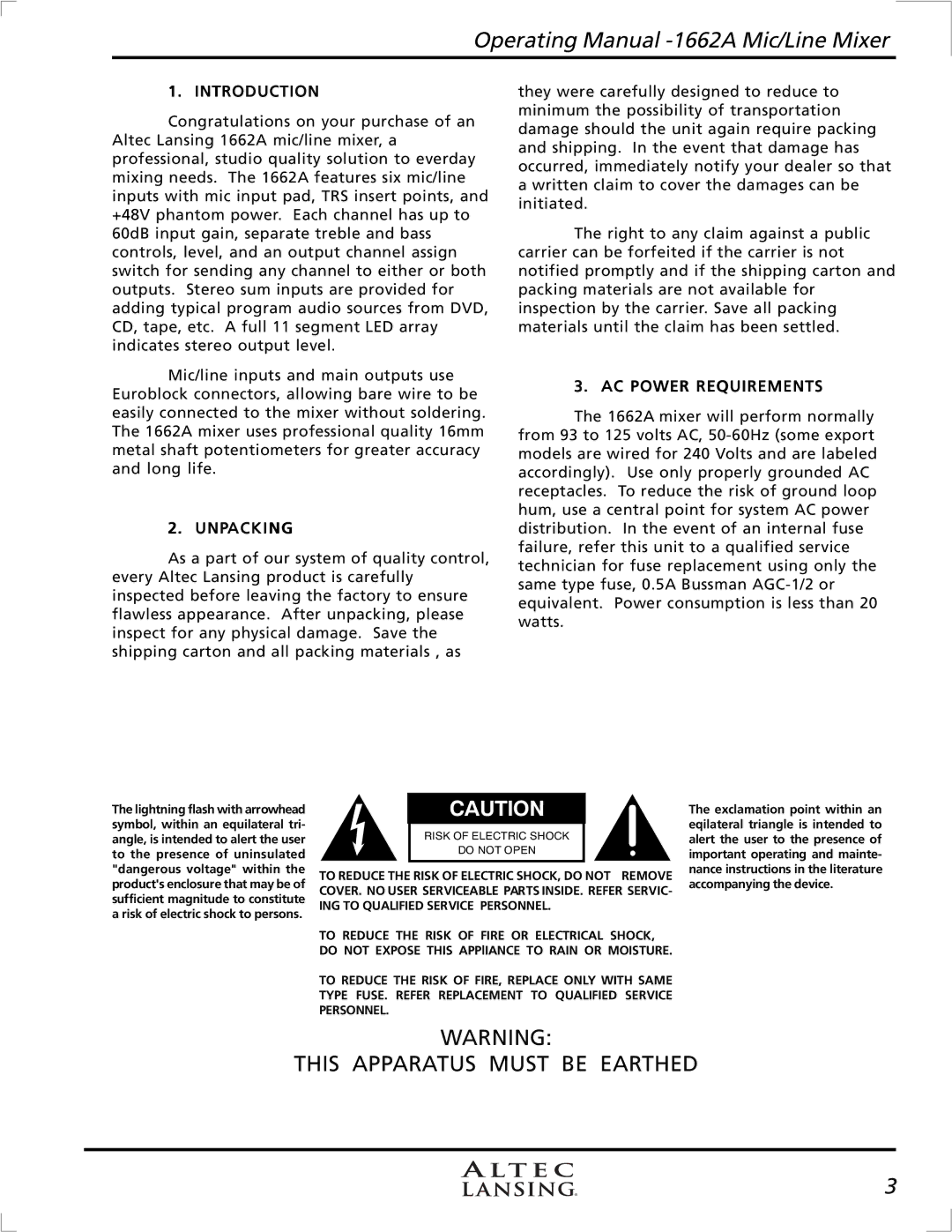 Altec Lansing 1662A manual Introduction, Unpacking, AC Power Requirements 