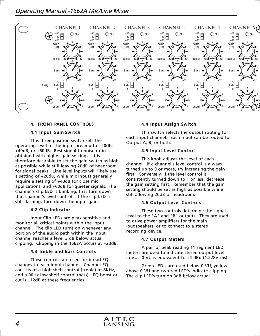 Altec Lansing 1662A manual Front Panel Controls 