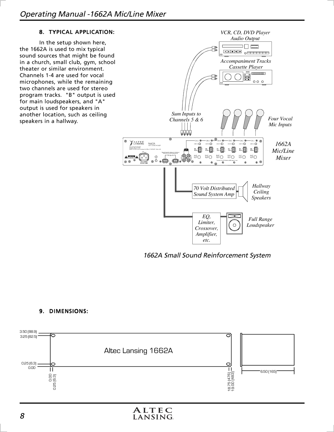 Altec Lansing 1662A manual Typical Application, Dimensions 