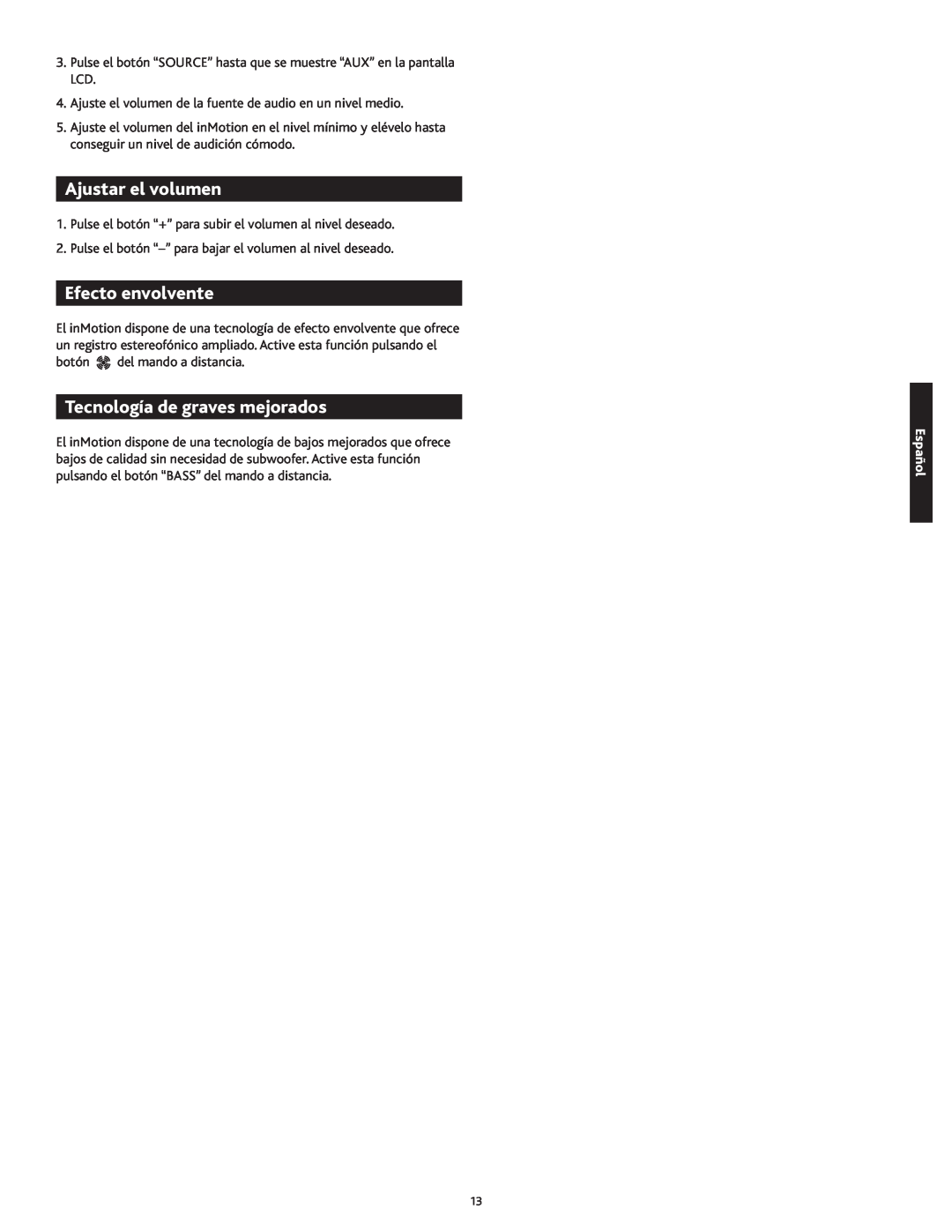 Altec Lansing 1M414 manual Ajustar el volumen, Efecto envolvente, Tecnología de graves mejorados, Español 