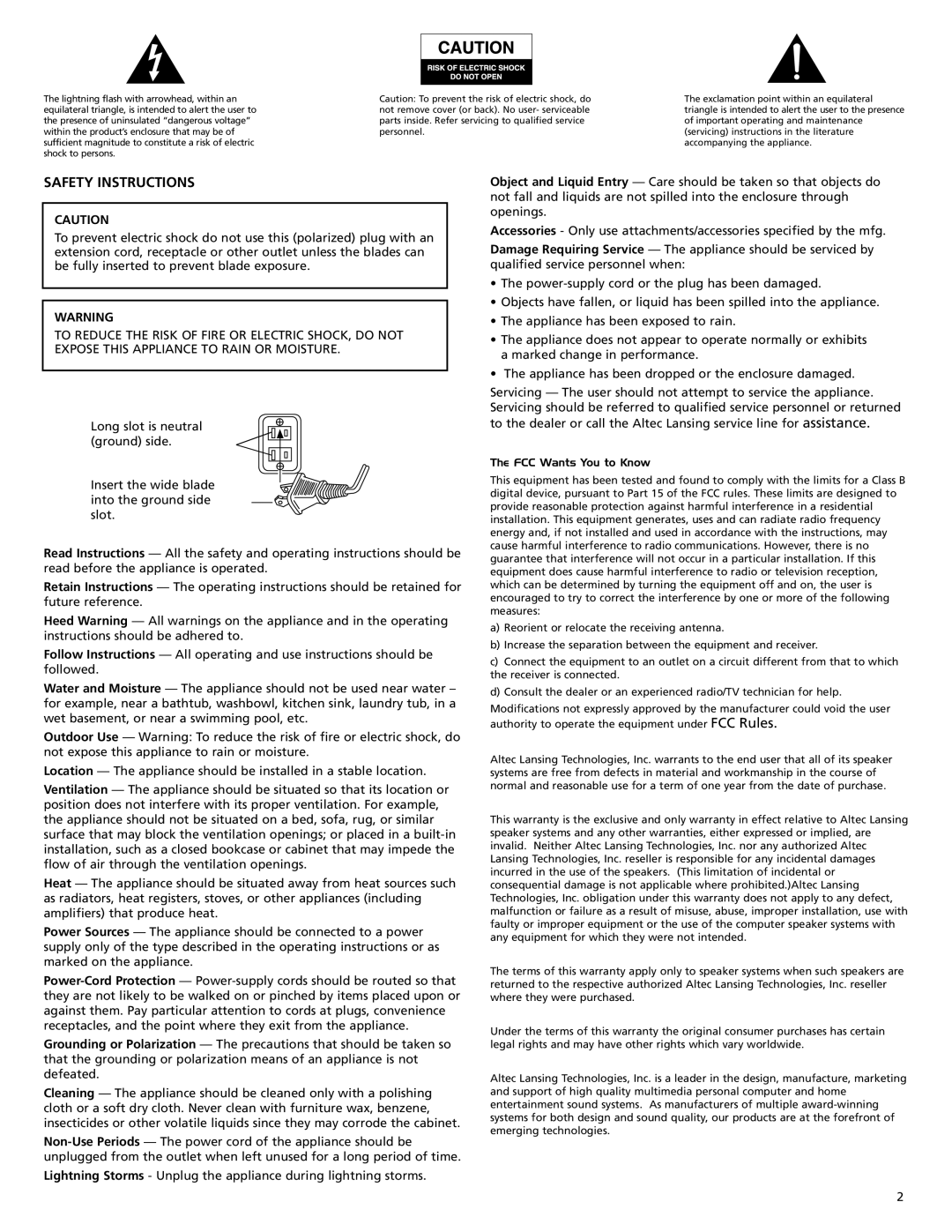 Altec Lansing 2100 manual Safety Instructions, Connecting the Power Cord AC Wall Socket 