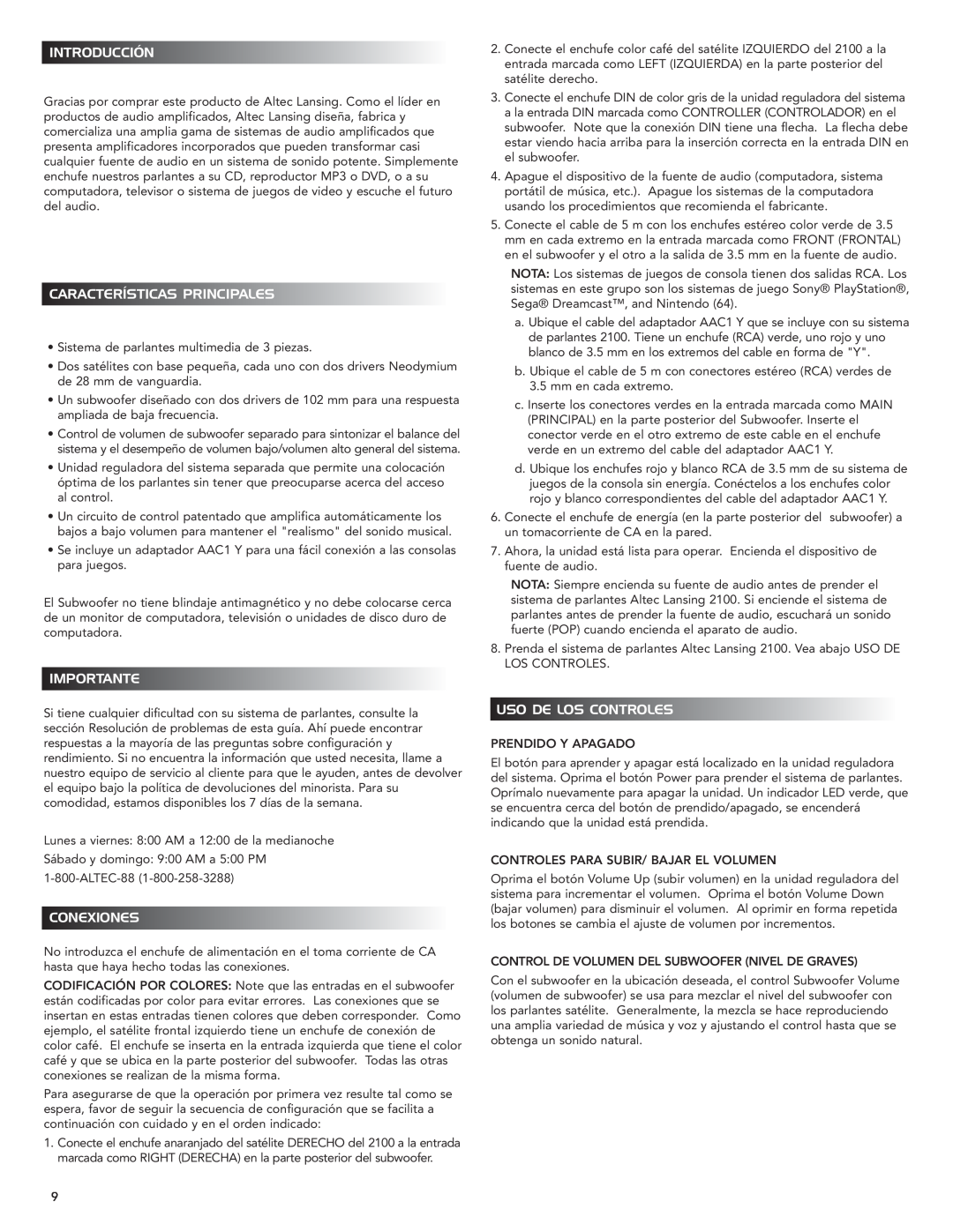 Altec Lansing 2100 manual Introducción, Características Principales, Importante, Conexiones, Uso De Los Controles 