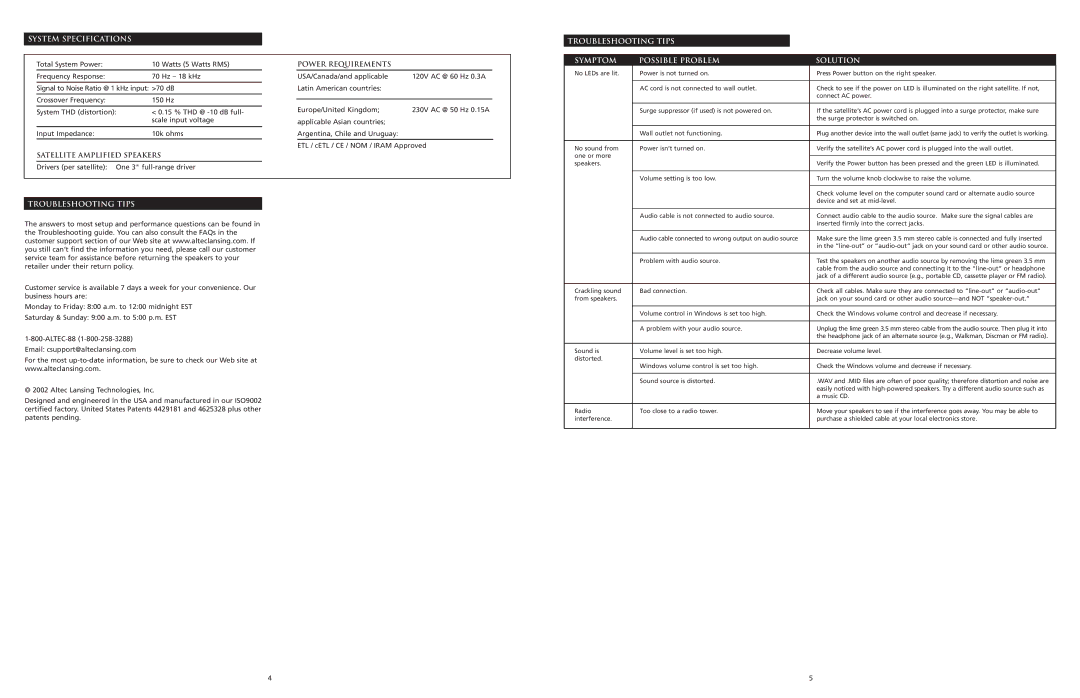 Altec Lansing 220 manual System Specifications, Power Requirements, Satellite Amplified Speakers, Troubleshooting Tips 