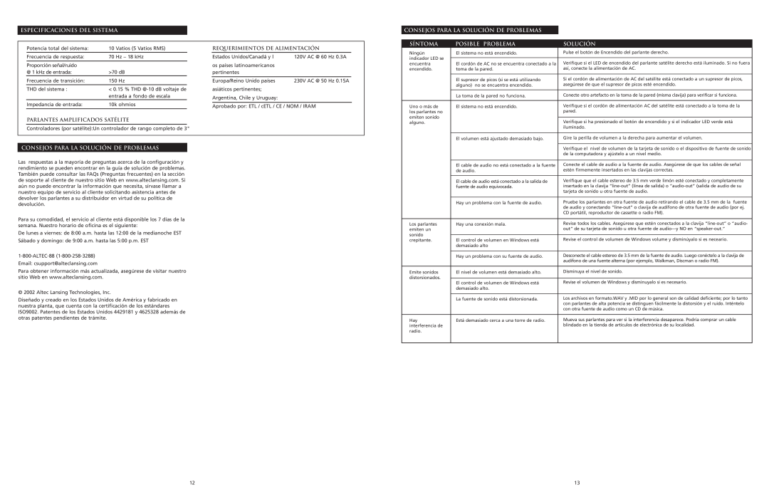 Altec Lansing 220 manual Especificaciones Del Sistema, Consejos Para La Solución De Problemas, Síntoma, Posible Problema 