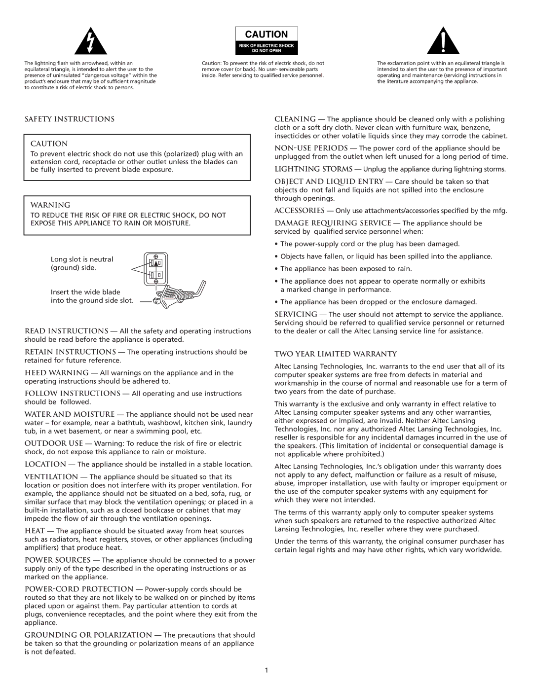 Altec Lansing 221 manual Safety Instructions, Connecting the Power Cord AC Wall Socket, TWO Year Limited Warranty 