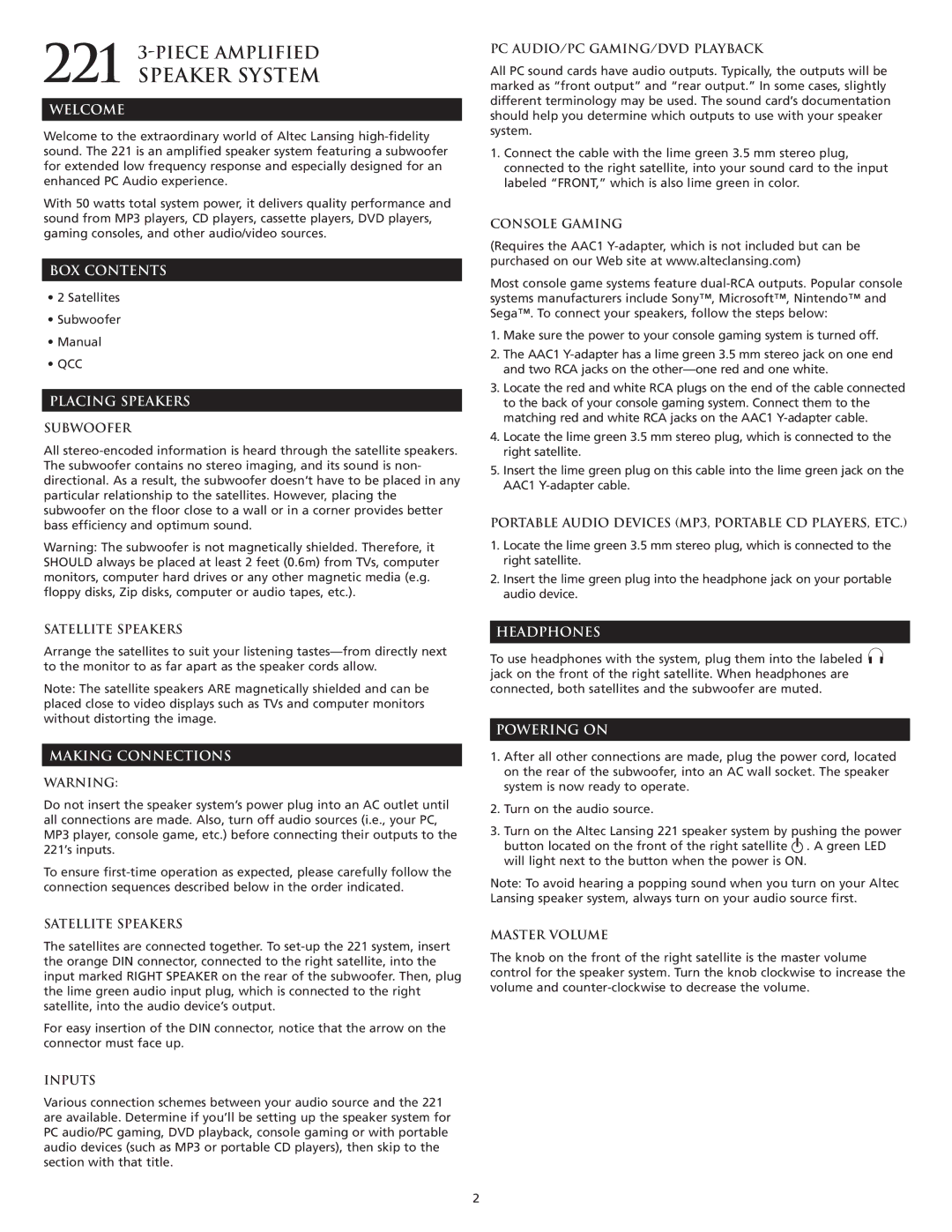 Altec Lansing 221 manual Welcome, BOX Contents, Placing Speakers, Making Connections, Headphones, Powering on 