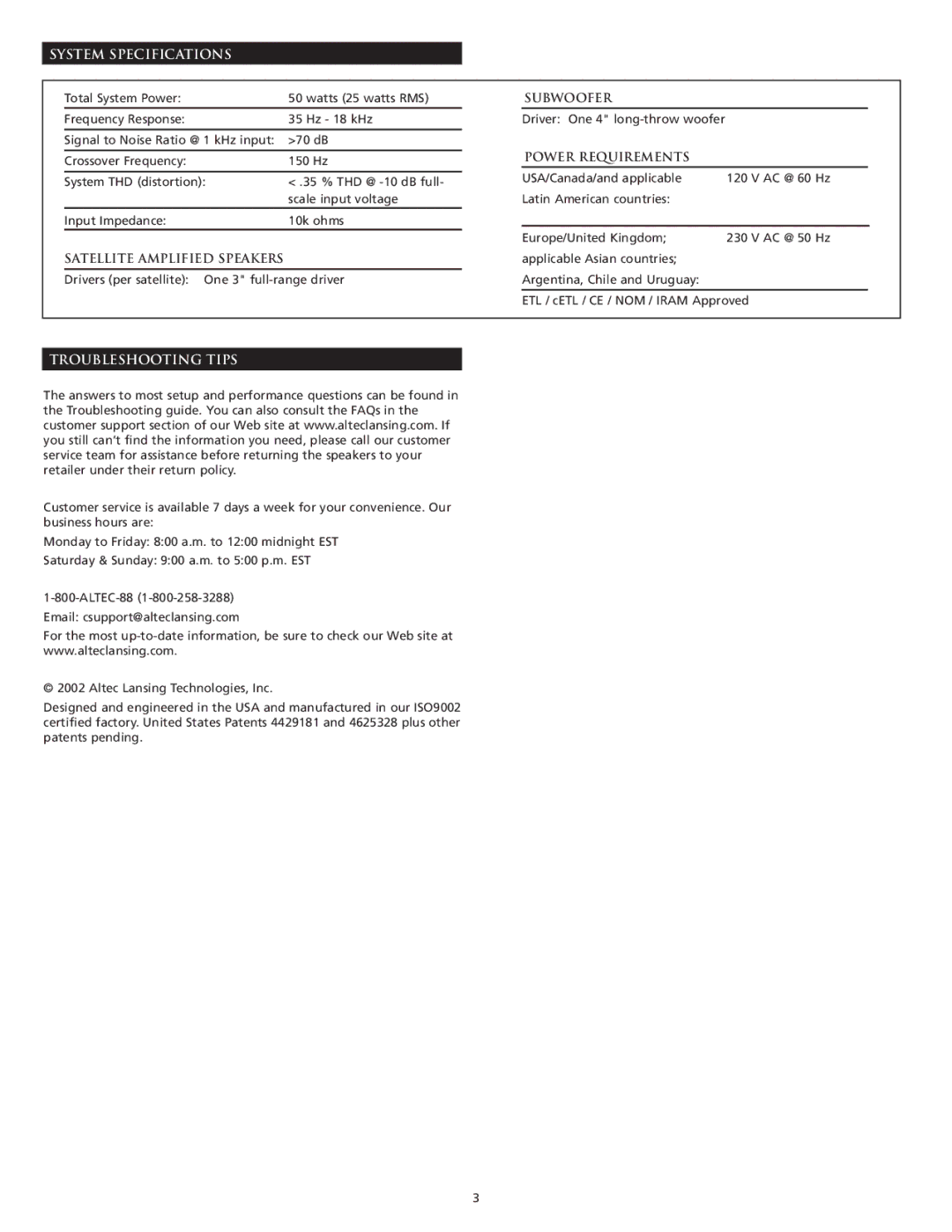 Altec Lansing 221 manual System Specifications, Power Requirements, Satellite Amplified Speakers, Troubleshooting Tips 