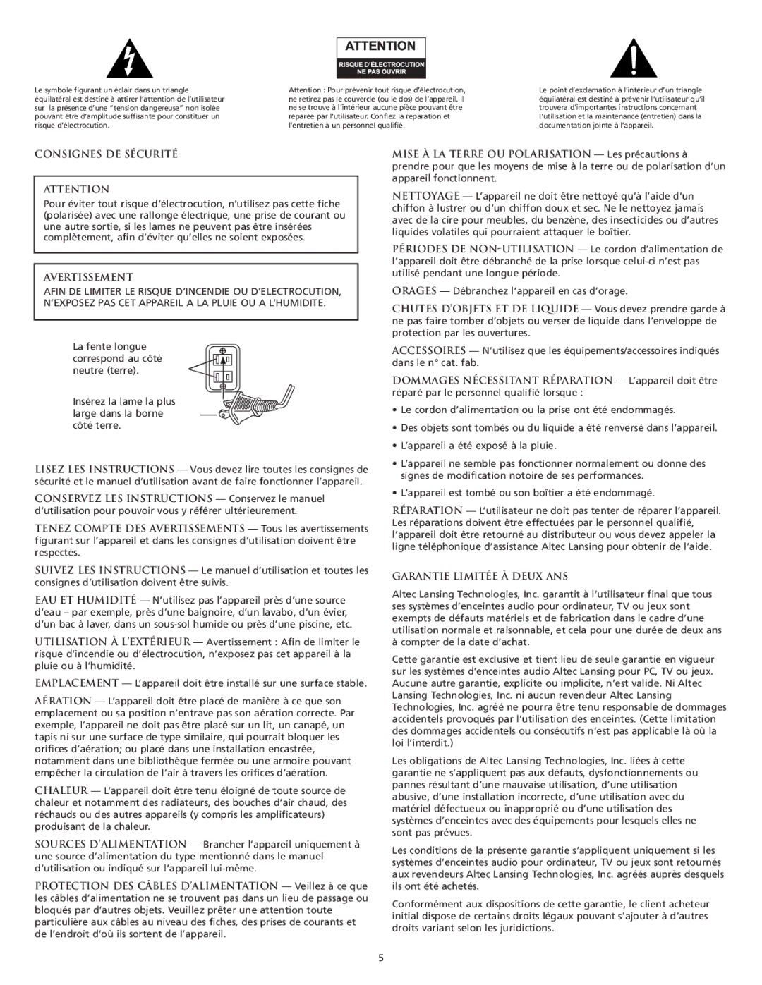 Altec Lansing 221 manual Consignes DE Sécurité, Avertissement, Garantie Limitée À Deux ANS 