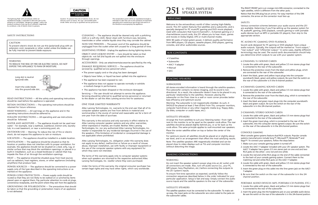 Altec Lansing manual 251 6 -PIECE Amplified Speaker System 