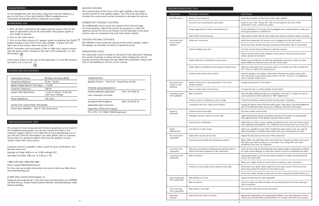 Altec Lansing 251 manual Headphones, Powering on, Troubleshooting Tips, System Specifications 