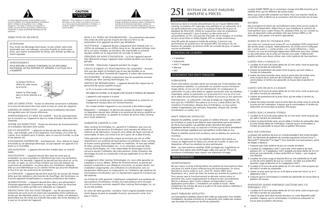 Altec Lansing 251 Systeme DE HAUT-PARLEURS, Bienvenue, Contenu DE LA Boîte, Placement DES HAUT-PARLEURS, Branchements 