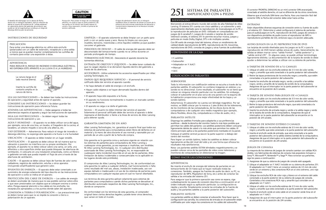 Altec Lansing 251 manual Amplificado CON 6 Piezas, Bienvenido, Contenido DE LA Caja, Colocación DE Parlantes 