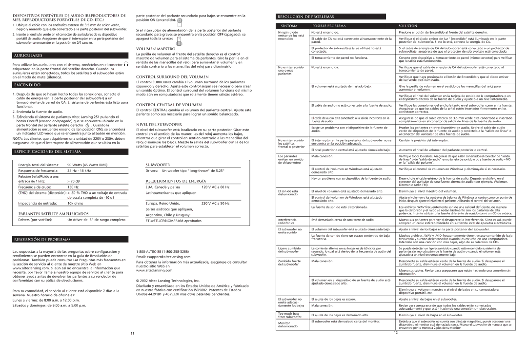 Altec Lansing 251 manual Auriculares, Encendido, Resolución DE Problemas, Especificaciones DEL Sistema 
