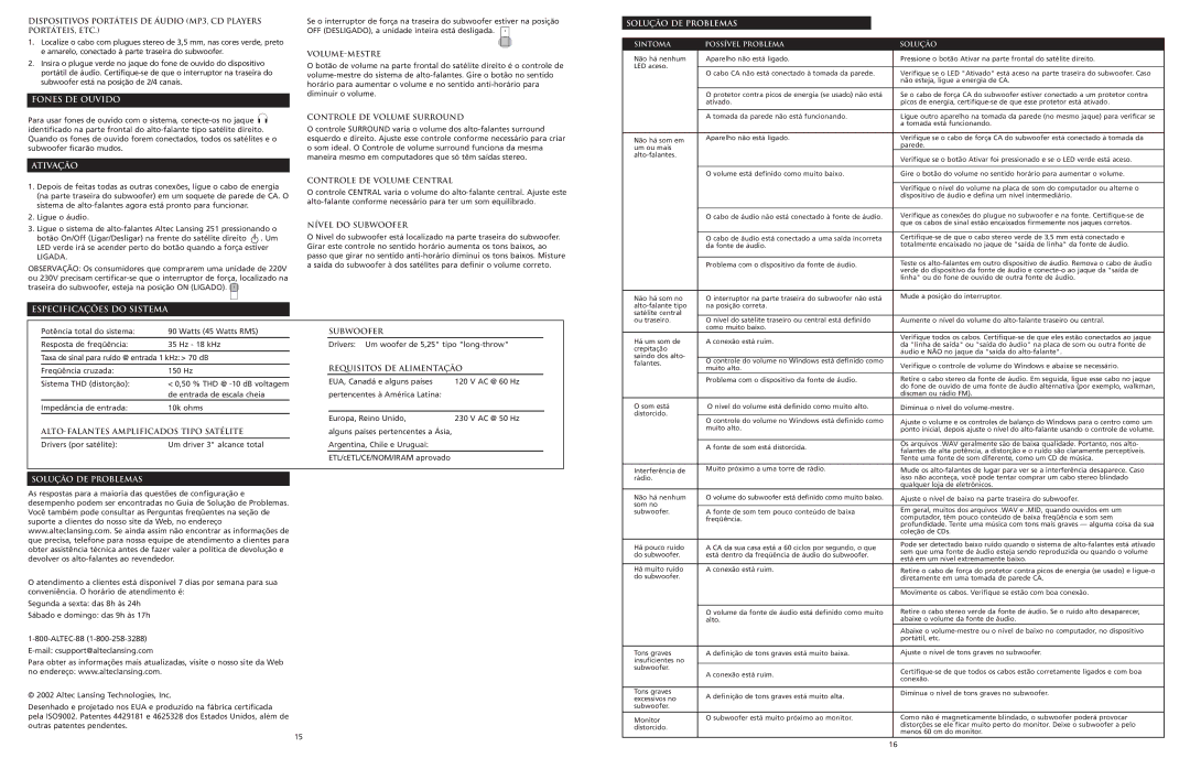 Altec Lansing 251 manual Fones DE Ouvido, Ativação, Solução DE Problemas, Especificações do Sistema 