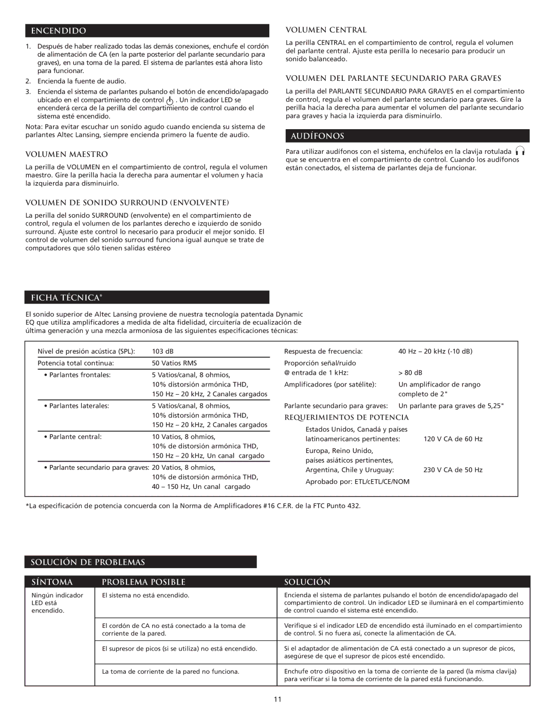 Altec Lansing 3151 manual Encendido, Audífonos, Ficha Técnica, Solución DE Problemas Síntoma Problema Posible 