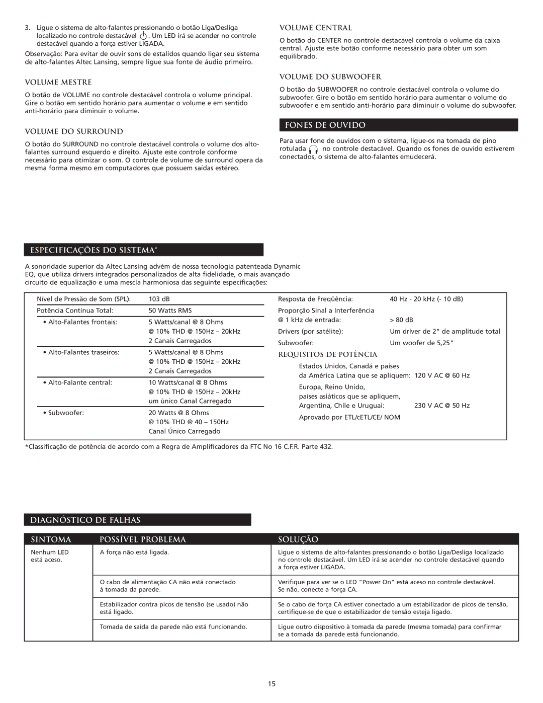 Altec Lansing 3151 manual Volume Mestre, Volume do Subwoofer, Volume do Surround, Especificações do Sistema Fones DE Ouvido 