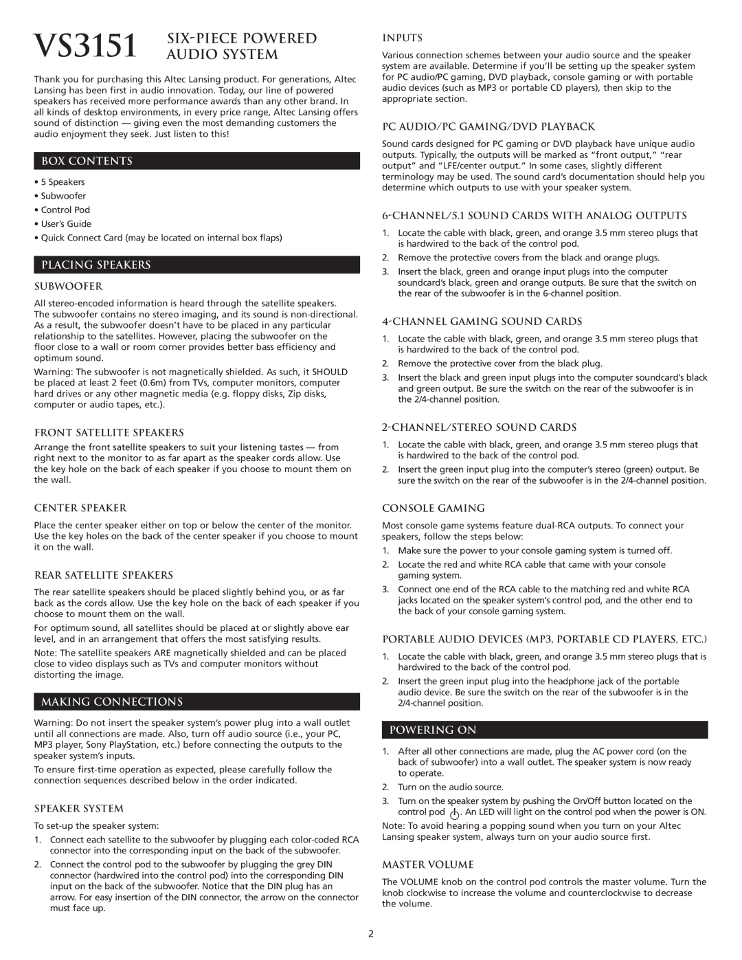 Altec Lansing 3151 manual SIX-PIECE Powered, Audio System 