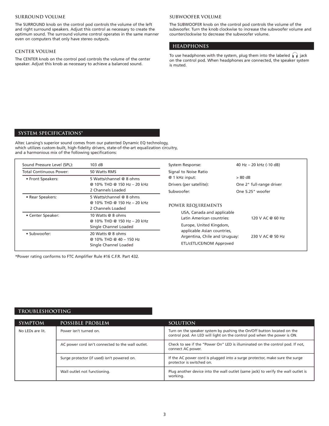 Altec Lansing 3151 manual Surround Volume, Subwoofer Volume, Center Volume, System Specifications Headphones 
