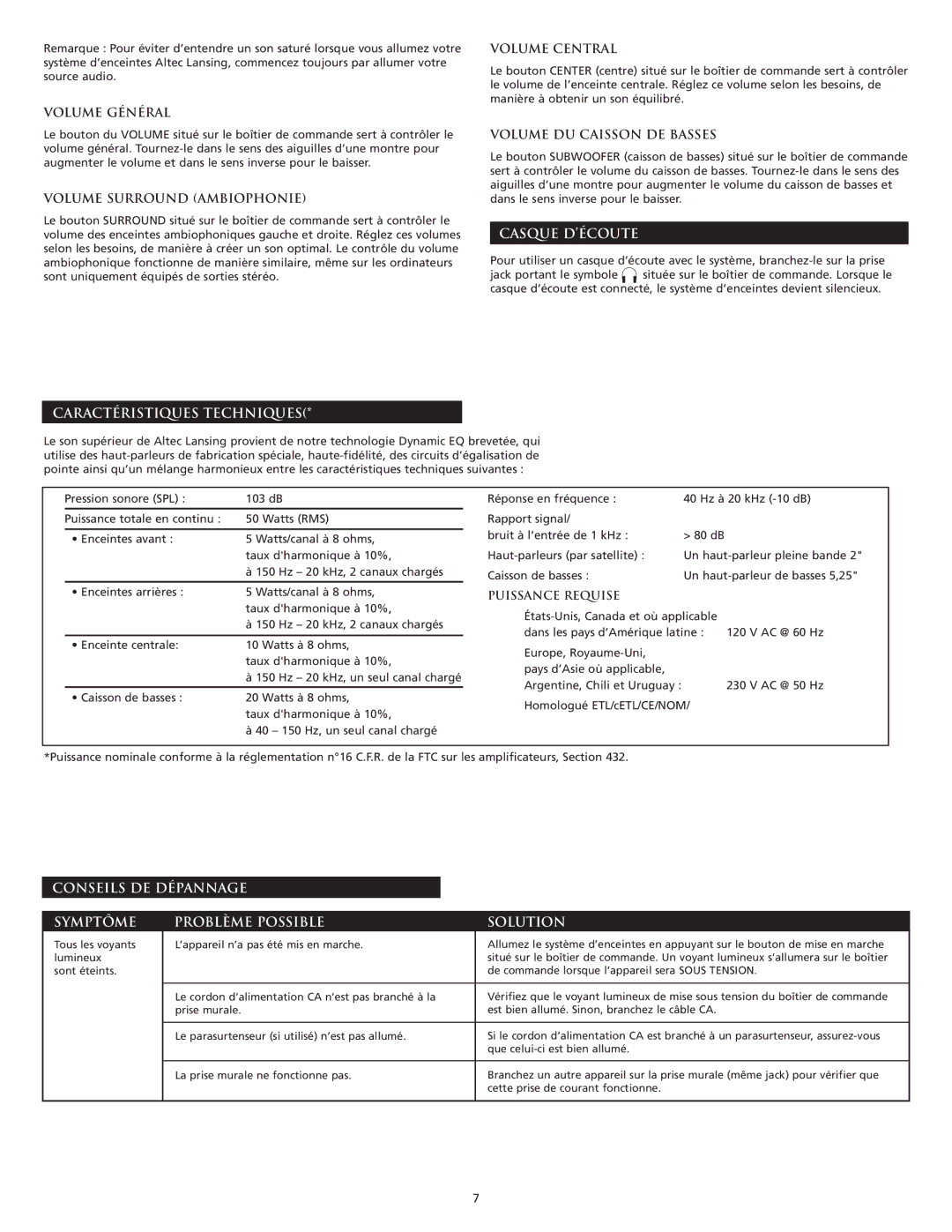 Altec Lansing 3151 Caractéristiques Techniques, Casque D’ÉCOUTE, Conseils DE Dépannage Symptôme Problème Possible Solution 