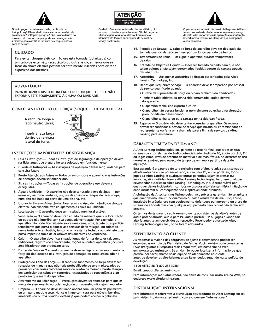 Altec Lansing 3151 manual Cuidado, Advertência, Conectando O Fio De Força Soquete De Parede Ca, Garantia Limitada De Um Ano 