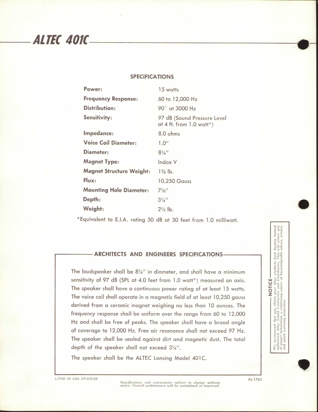 Altec Lansing 401C manual 