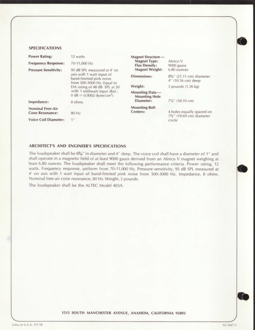Altec Lansing 403A manual 